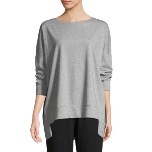Eileen Fisher Organic Cotton Gray Crewneck Long Sleeve Hi-Low Sweatshirt XXS - Picture 1 of 12